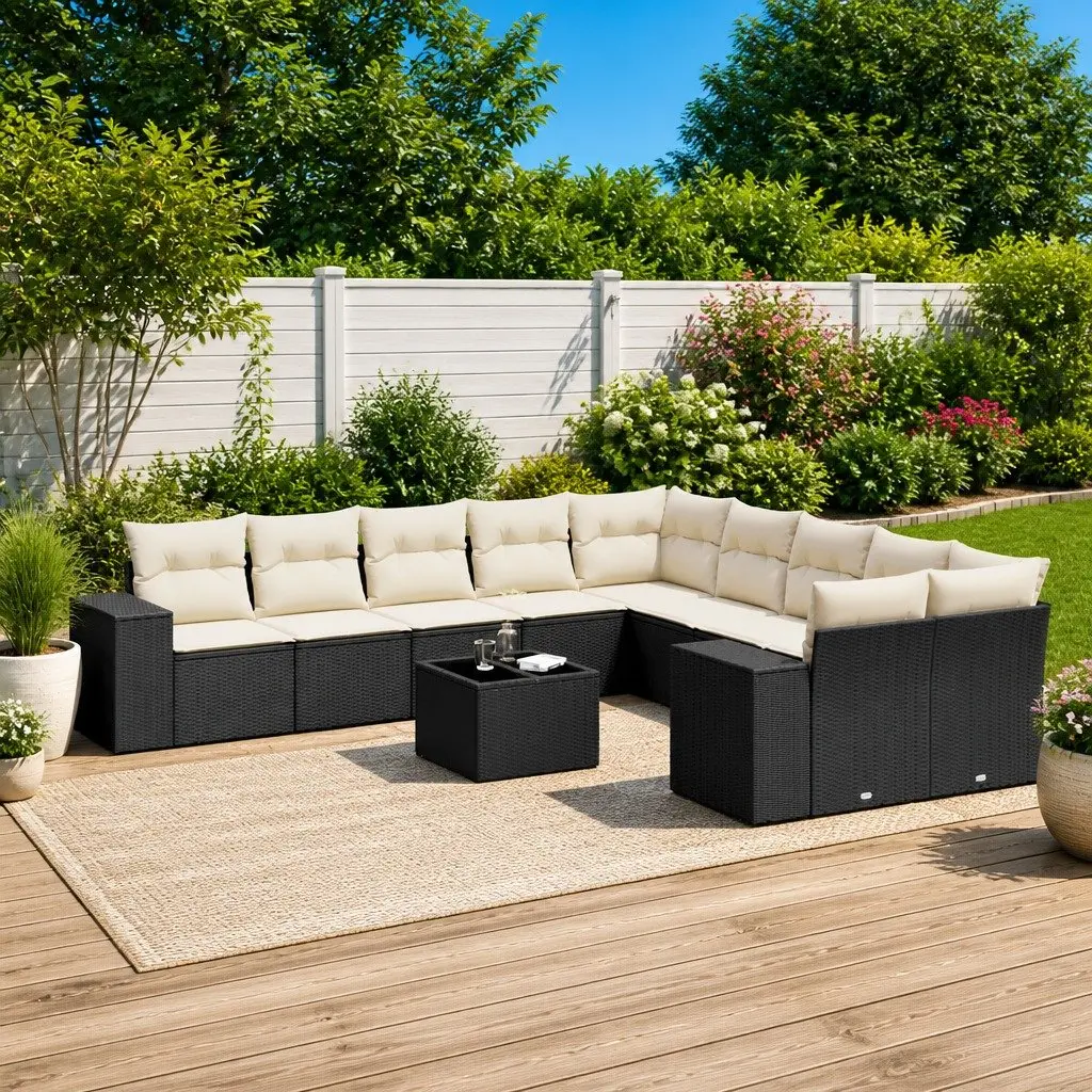 11-Piece Black Poly Rattan Garden Sofa Set