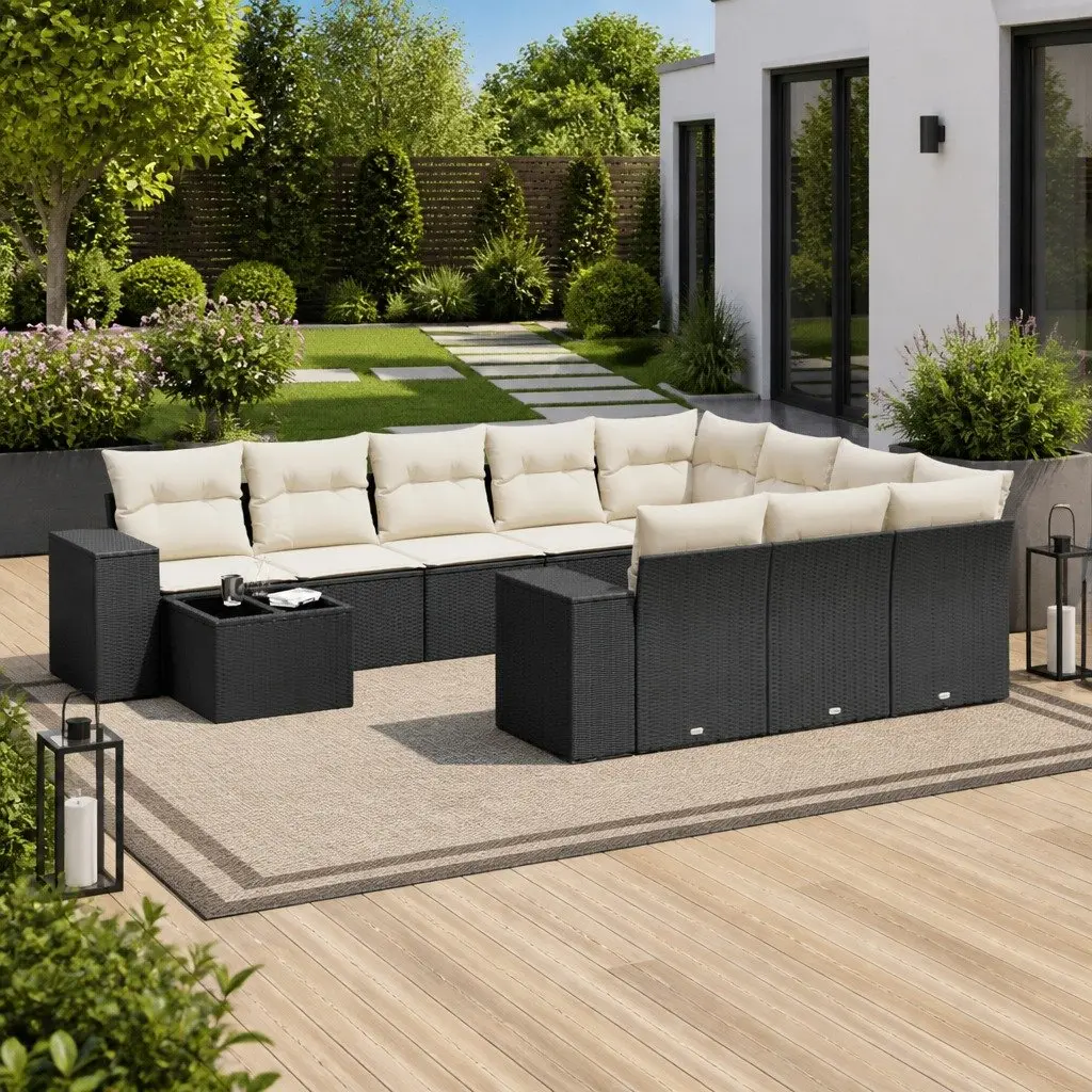 Garden Sofa Set 11 Piece PE Rattan Black Modular Patio Furniture with Cushions