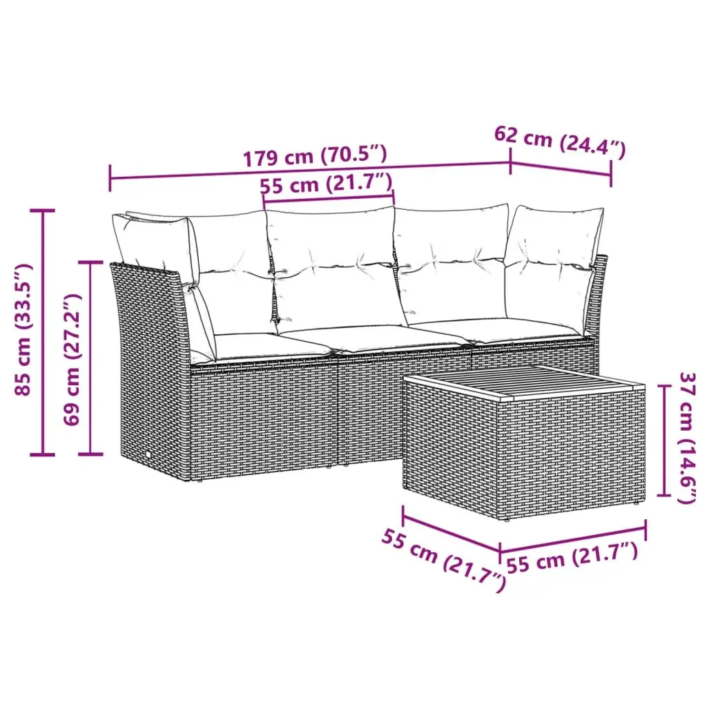 4 Piece Grey Rattan Garden Sofa Set with Cushions