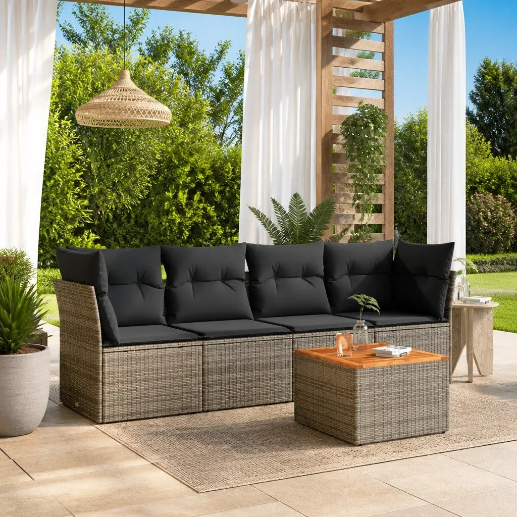 5 Piece Garden Sofa Set Poly Rattan Acacia Wood Grey Outdoor Furniture