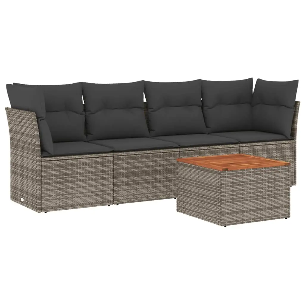 5 Piece Garden Sofa Set Poly Rattan Acacia Wood Grey Outdoor Furniture