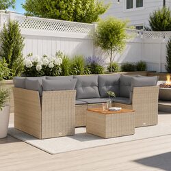 Beige Poly Rattan Garden Sofa Set – 7 Piece Outdoor Furniture