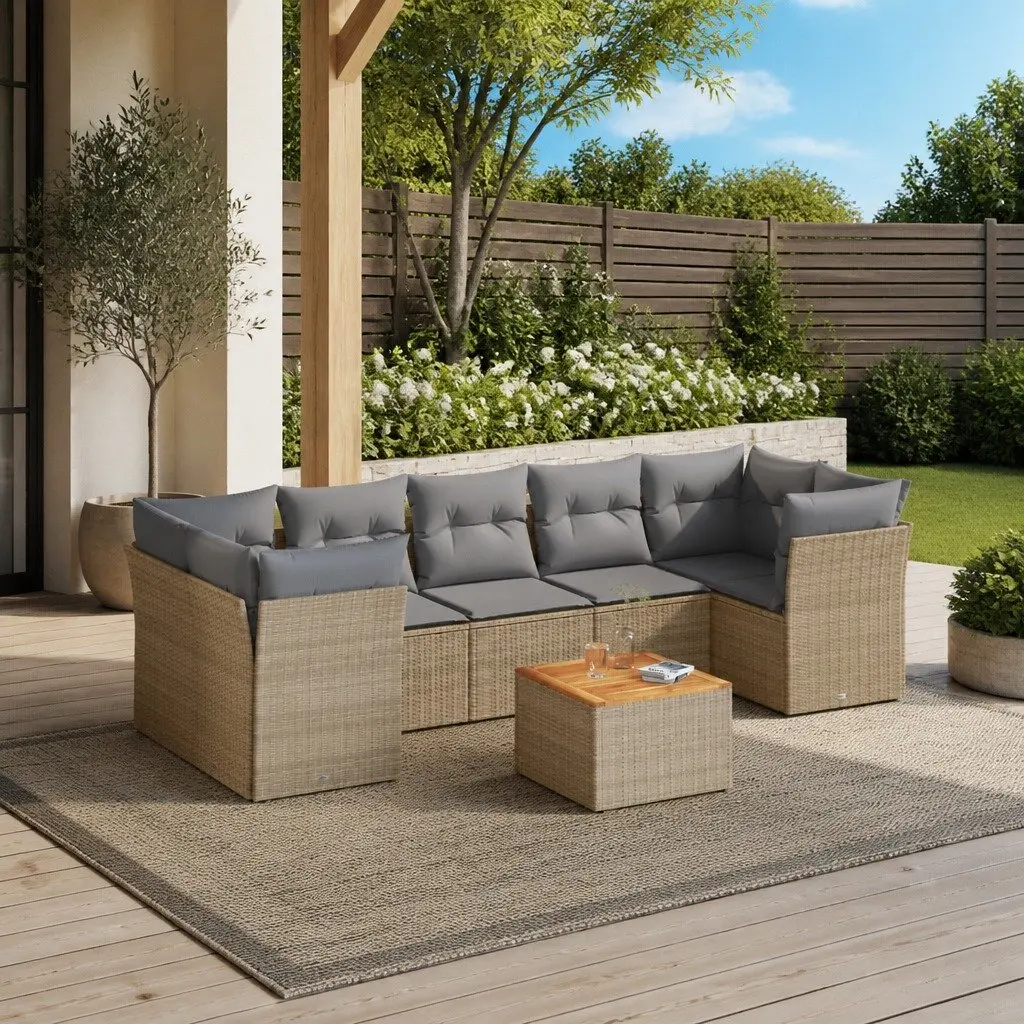 Garden Sofa Set PE Rattan 8 Piece Outdoor Furniture Patio Seating Beige