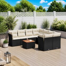 9-Piece Black Poly Rattan Garden Sofa Set