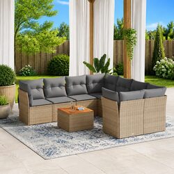 Stylish 9 Piece Beige Outdoor Rattan Sofa Set