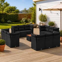 13-Piece Black Poly Rattan Garden Sofa Set