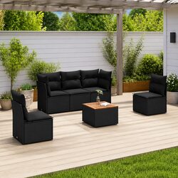 Durable 6 Piece Black Poly Rattan Garden Sofa Set