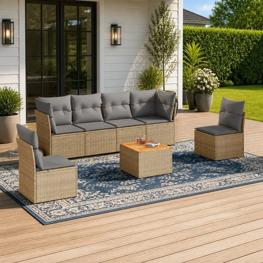 Garden Sofa Set Poly Rattan 7 Piece Outdoor Patio Furniture Beige with Cushions