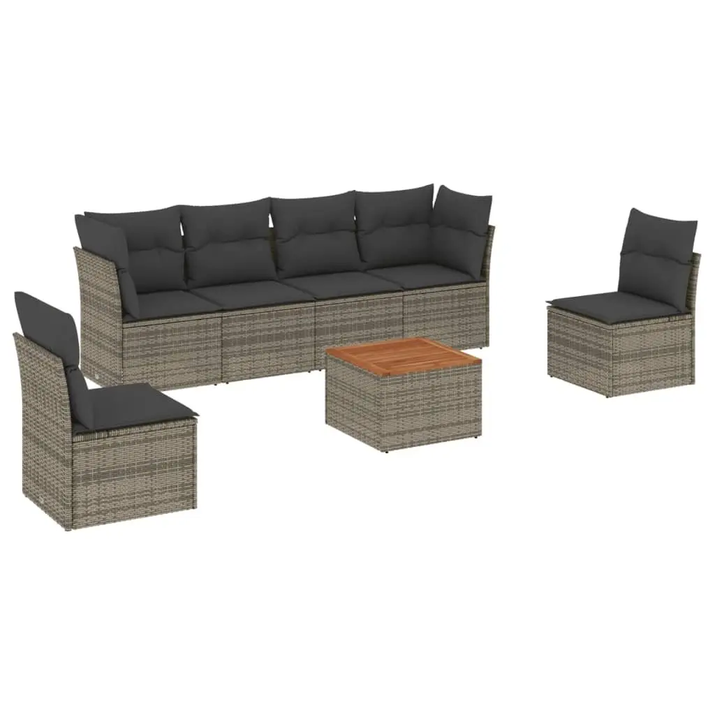 7 Piece Garden Sofa Set PE Rattan Grey Outdoor Furniture with Acacia Wood Table Top