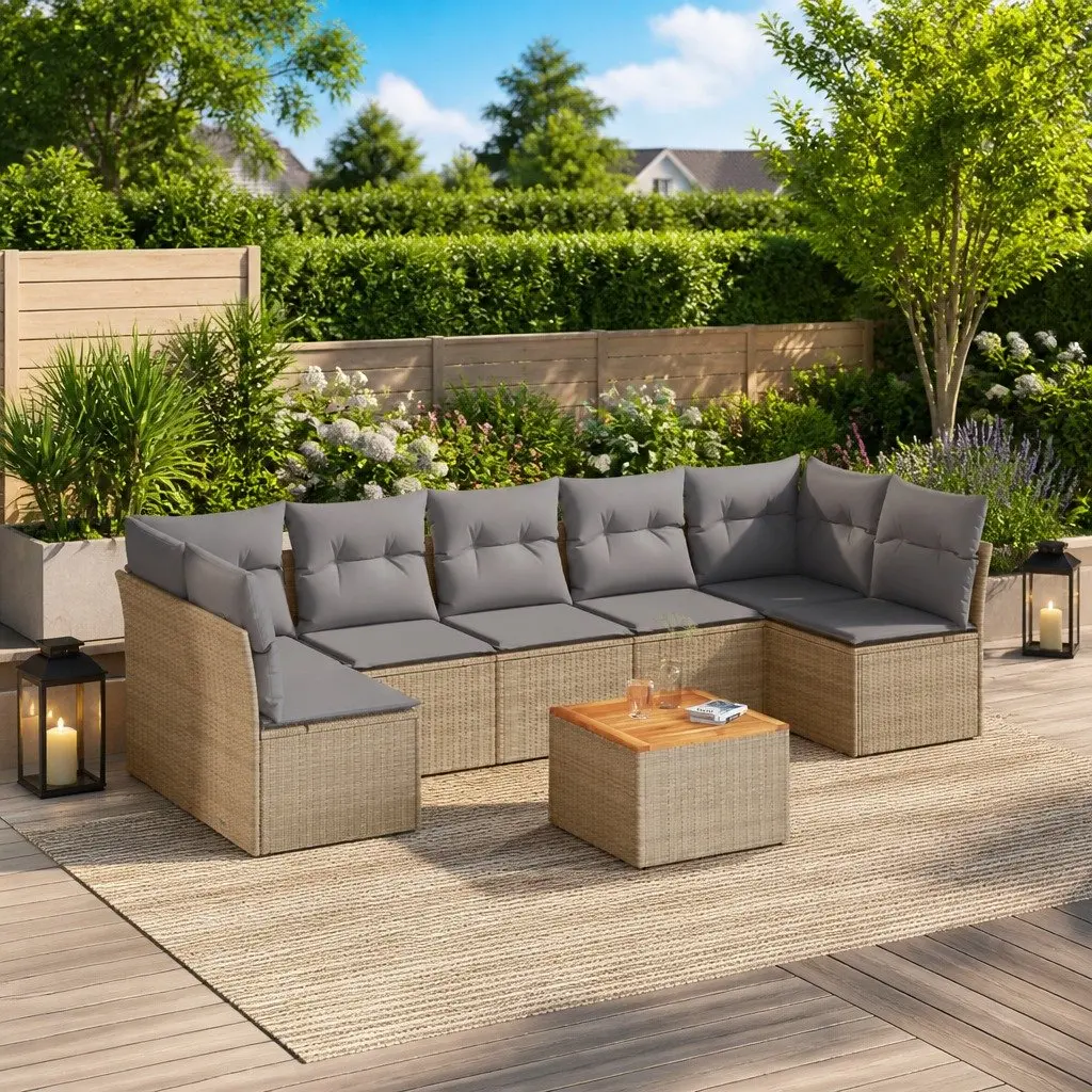 Garden Sofa Set PE Poly Rattan 8 Piece Modular Outdoor Furniture Beige with Storage