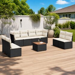 Durable 9-Piece Black Poly Rattan Garden Sofa Set