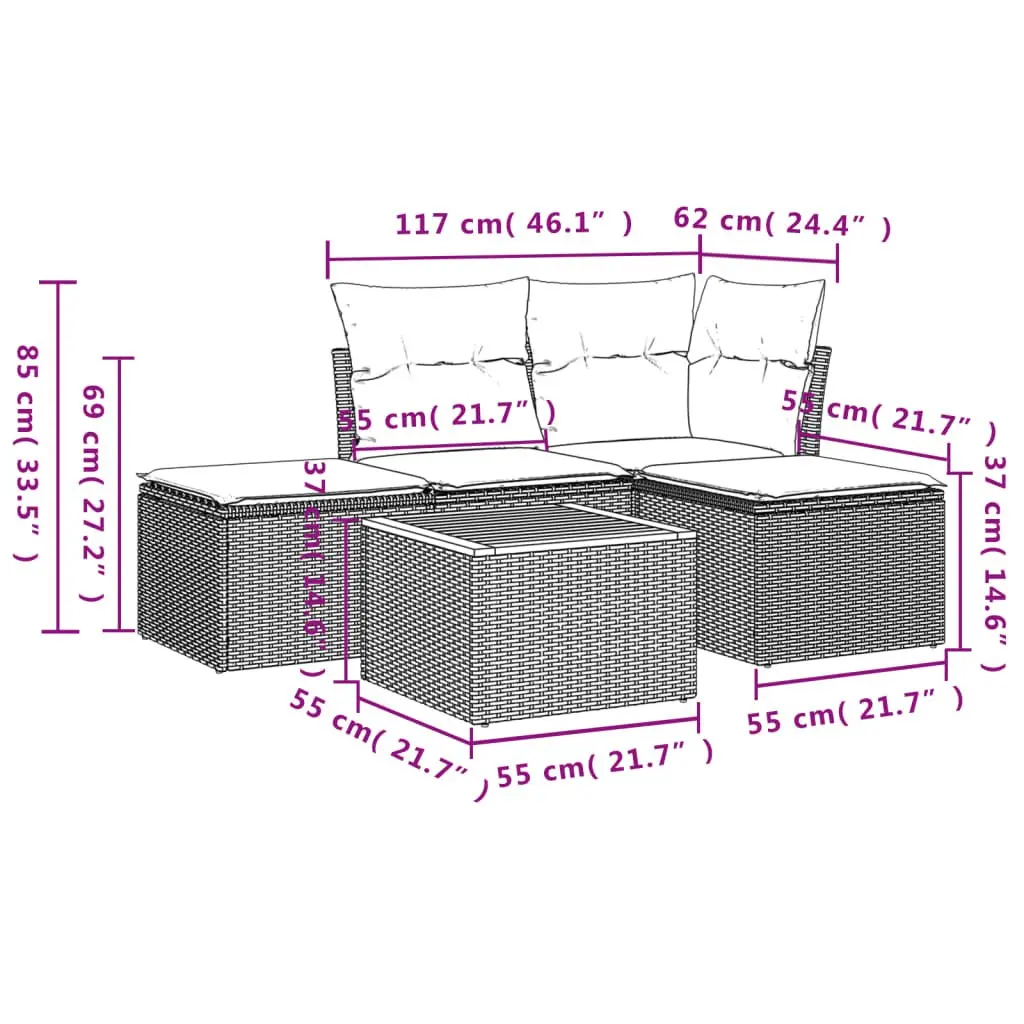 Garden Sofa Set PE Rattan 5 Piece Grey Outdoor Furniture Patio Seating