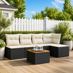 6-Piece Black Poly Rattan Garden Sofa Set for Outdoors