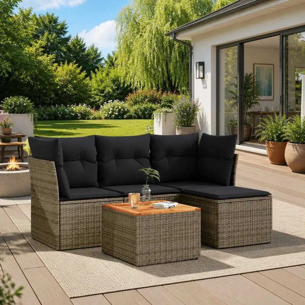 5 Piece Grey Rattan Garden Sofa Set with Storage