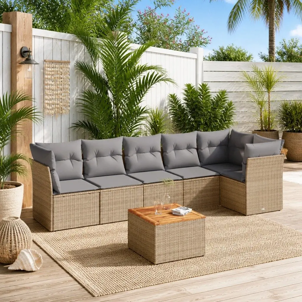7-Piece Outdoor Garden Sofa Set with Beige Poly Rattan