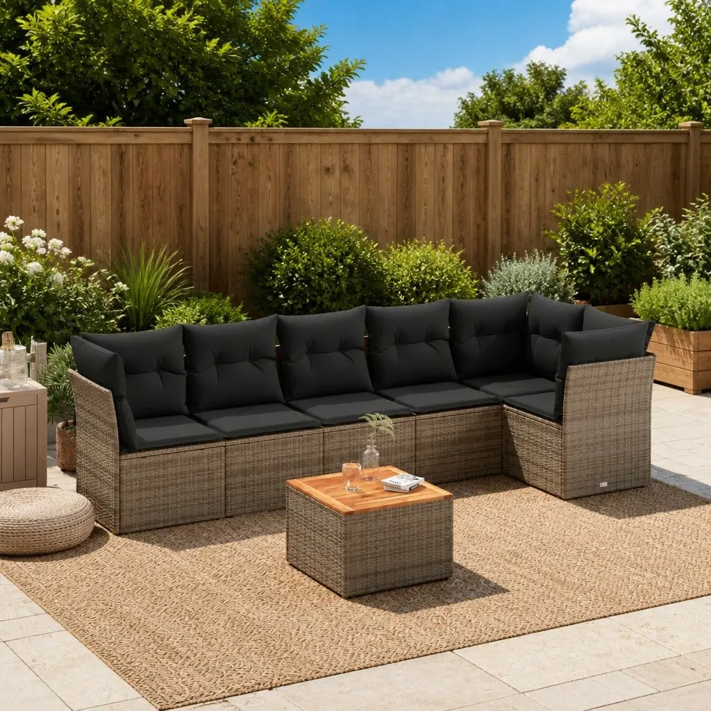 7 Piece Garden Sofa Set PE Rattan Grey Modular Outdoor Furniture with Acacia Wood Table Top