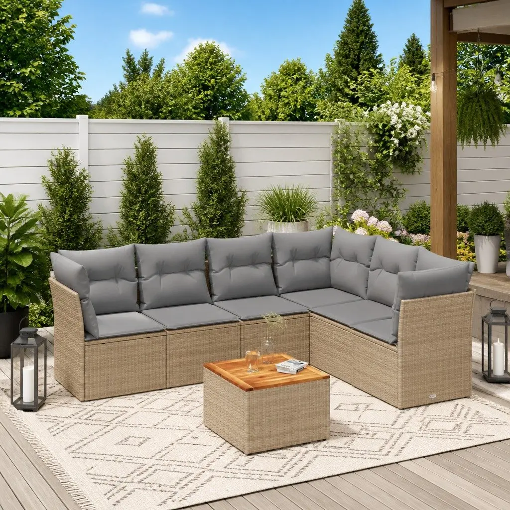 Garden Sofa Set PE Rattan 7 Piece Outdoor Furniture Beige Patio Seating