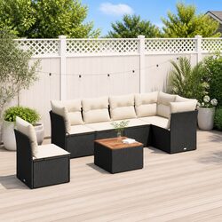 7 Piece Black Poly Rattan Garden Sofa Set with Cushions