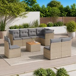 Beige 9-Piece Garden Sofa Set with Acacia Wood Table