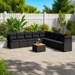 10-Piece Black Poly Rattan Garden Sofa Set