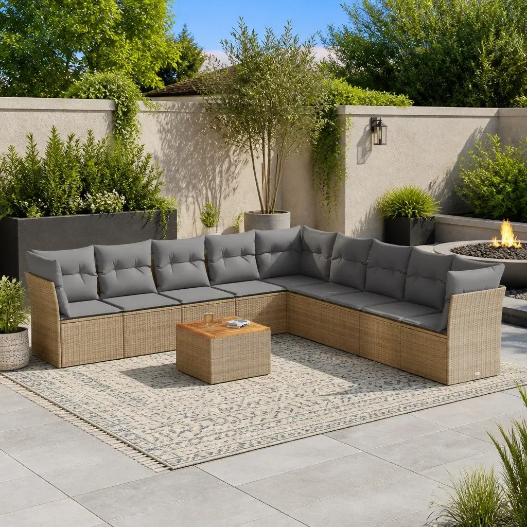 Beige 10-Piece Garden Sofa Set with Acacia Wood Table