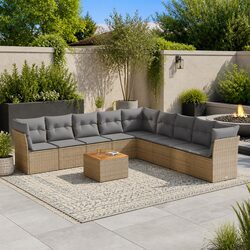 Beige 10-Piece Garden Sofa Set with Acacia Wood Table