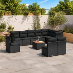 Durable 11 Piece Black Rattan Garden Sofa Set with Storage