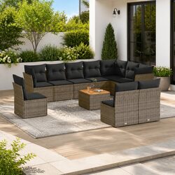 11-Piece Grey Poly Rattan Garden Sofa Set with Cushions