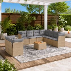 Beige Poly Rattan 11-Piece Garden Sofa Set with Cushions