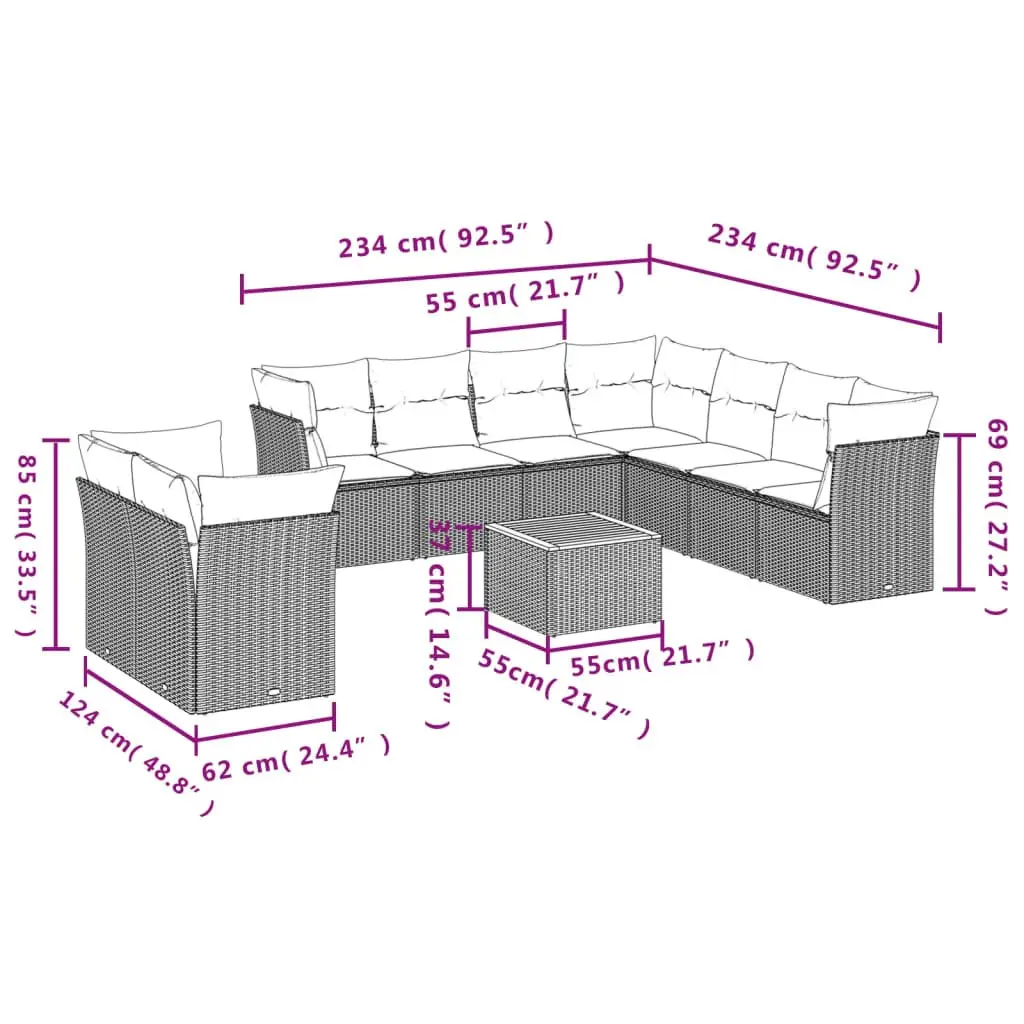 10-Piece Grey Poly Rattan Garden Sofa Set