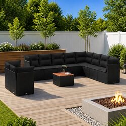11-Piece Black Poly Rattan Garden Sofa Set with Cushions