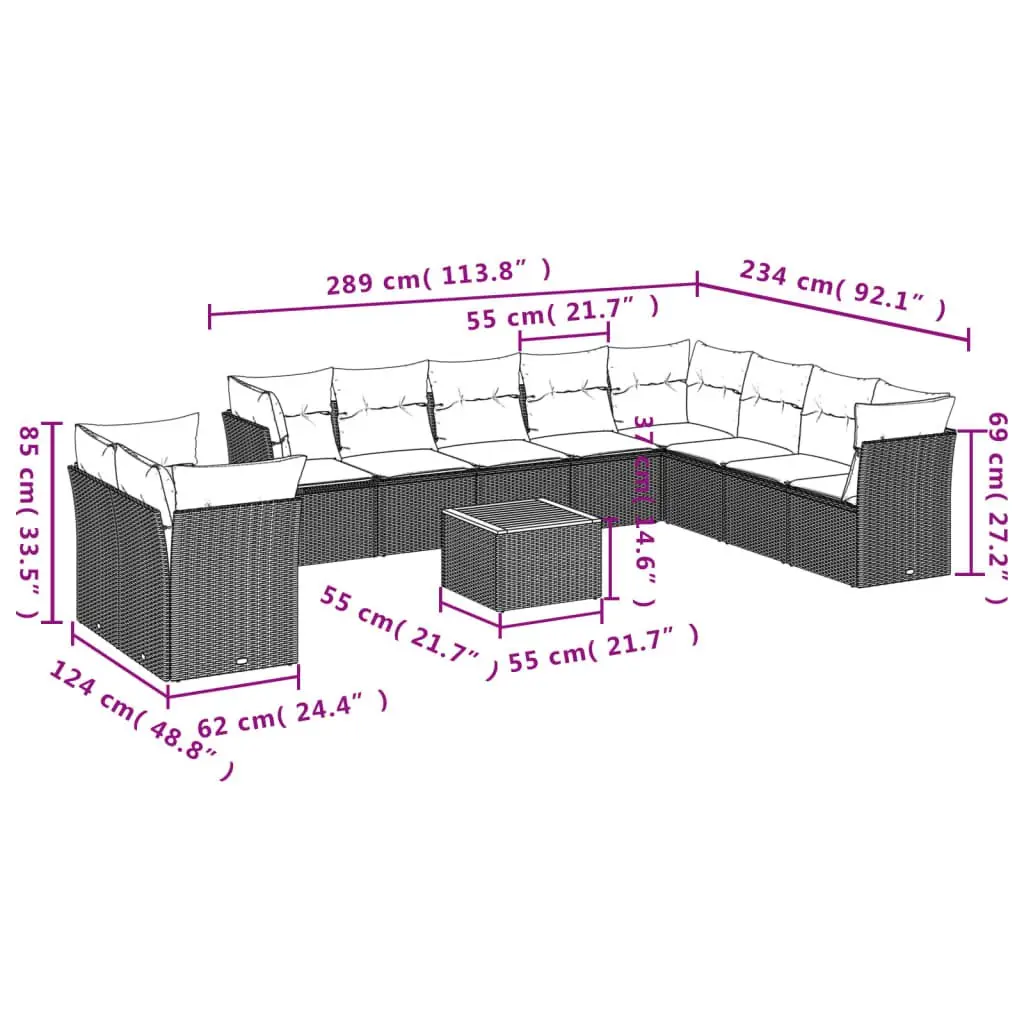 11 Piece Garden Sofa Set PE Rattan Grey Modular Patio Furniture with Cushions