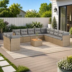 Beige 12-Piece Modular Garden Sofa Set with Acacia Table