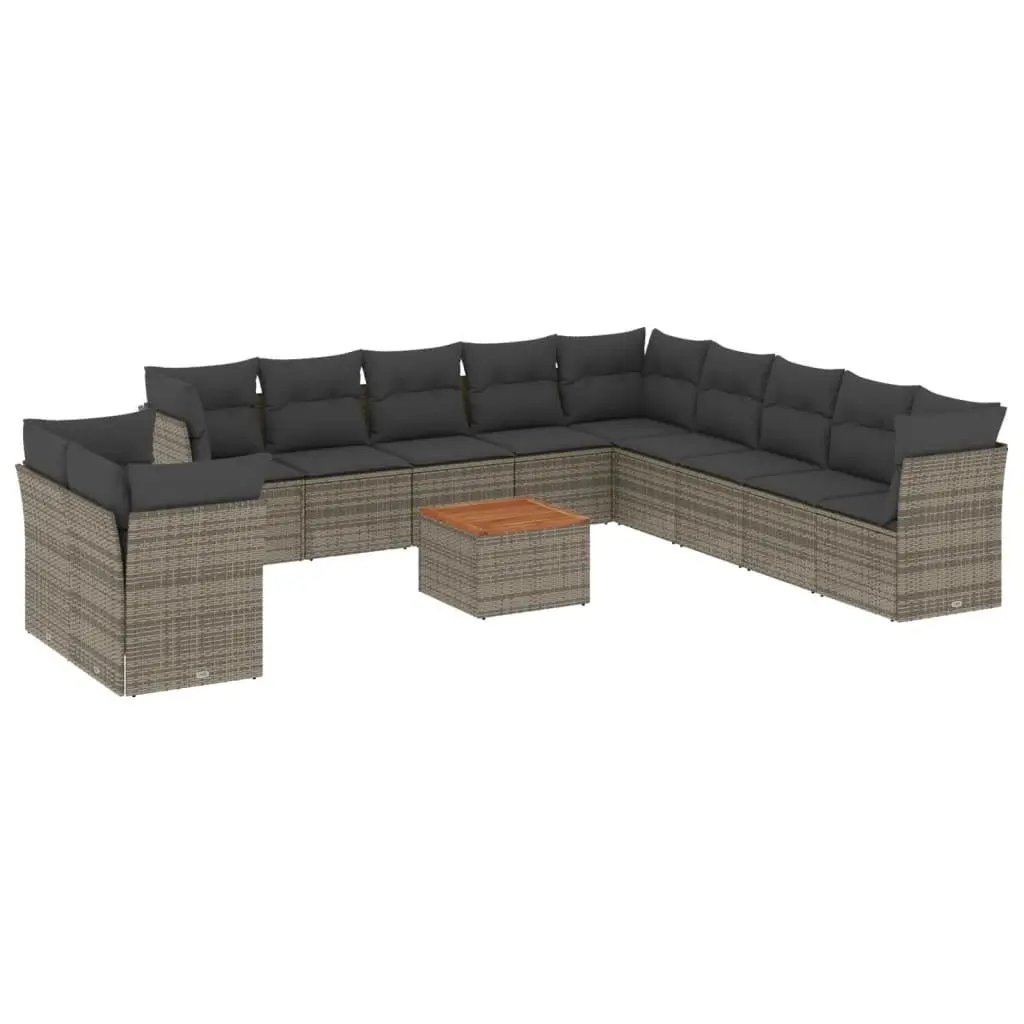 Garden Sofa Set PE Rattan 12 Piece Outdoor Furniture Grey Acacia Wood Table Top