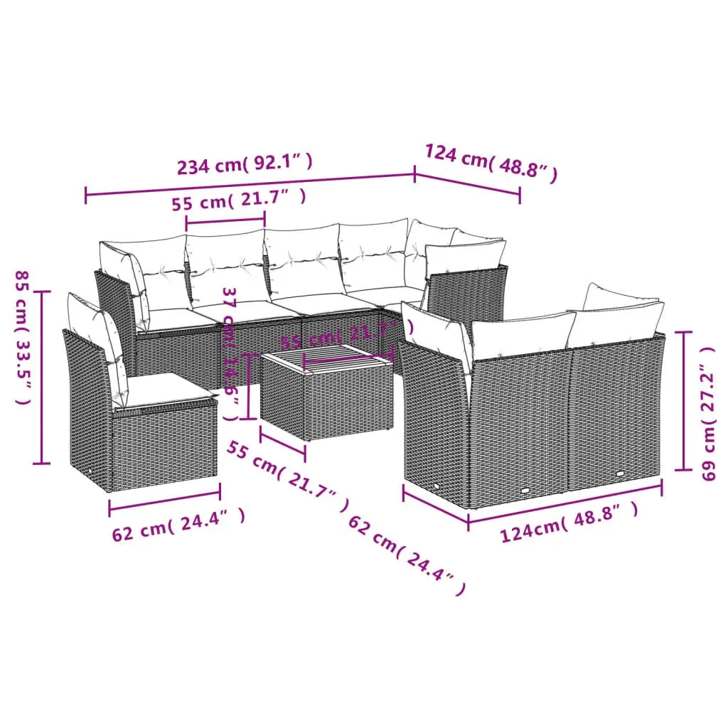 Garden Sofa Set PE Rattan 9 Piece Modular Outdoor Furniture Grey