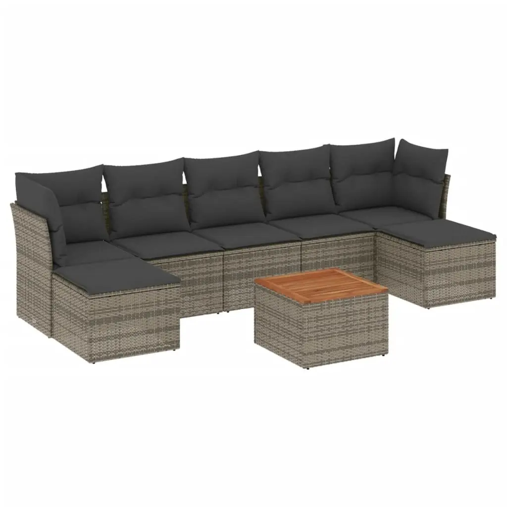 Garden Sofa Set PE Rattan 8 Piece Outdoor Furniture Grey Acacia Wood Tabletop Modular Patio Lounge