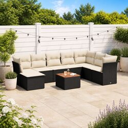 High-Quality 9 Piece Black Poly Rattan Garden Sofa Set