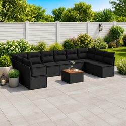 Durable 11 Piece Black Rattan Garden Sofa Set with Storage