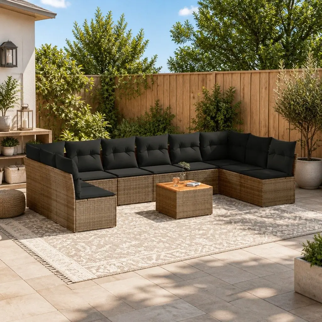 Garden Sofa Set PE Rattan 11 Pieces Outdoor Furniture with Cushions Grey Acacia Wood Tabletop