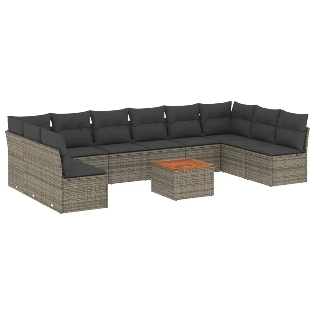 Garden Sofa Set PE Rattan 11 Pieces Outdoor Furniture with Cushions Grey Acacia Wood Tabletop