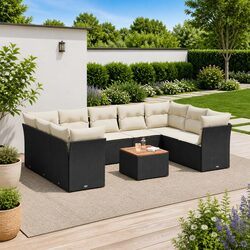 10-Piece Black Poly Rattan Outdoor Sofa Set with Cushions