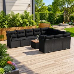 11-Piece Black Poly Rattan Garden Sofa Set with Cushions