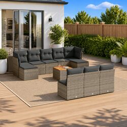 Durable 11-Piece Grey Poly Rattan Garden Sofa Set