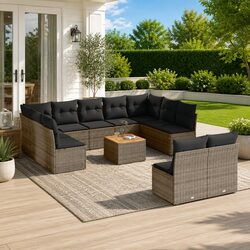Durable Grey Poly Rattan Garden Sofa Set, 12 Pieces