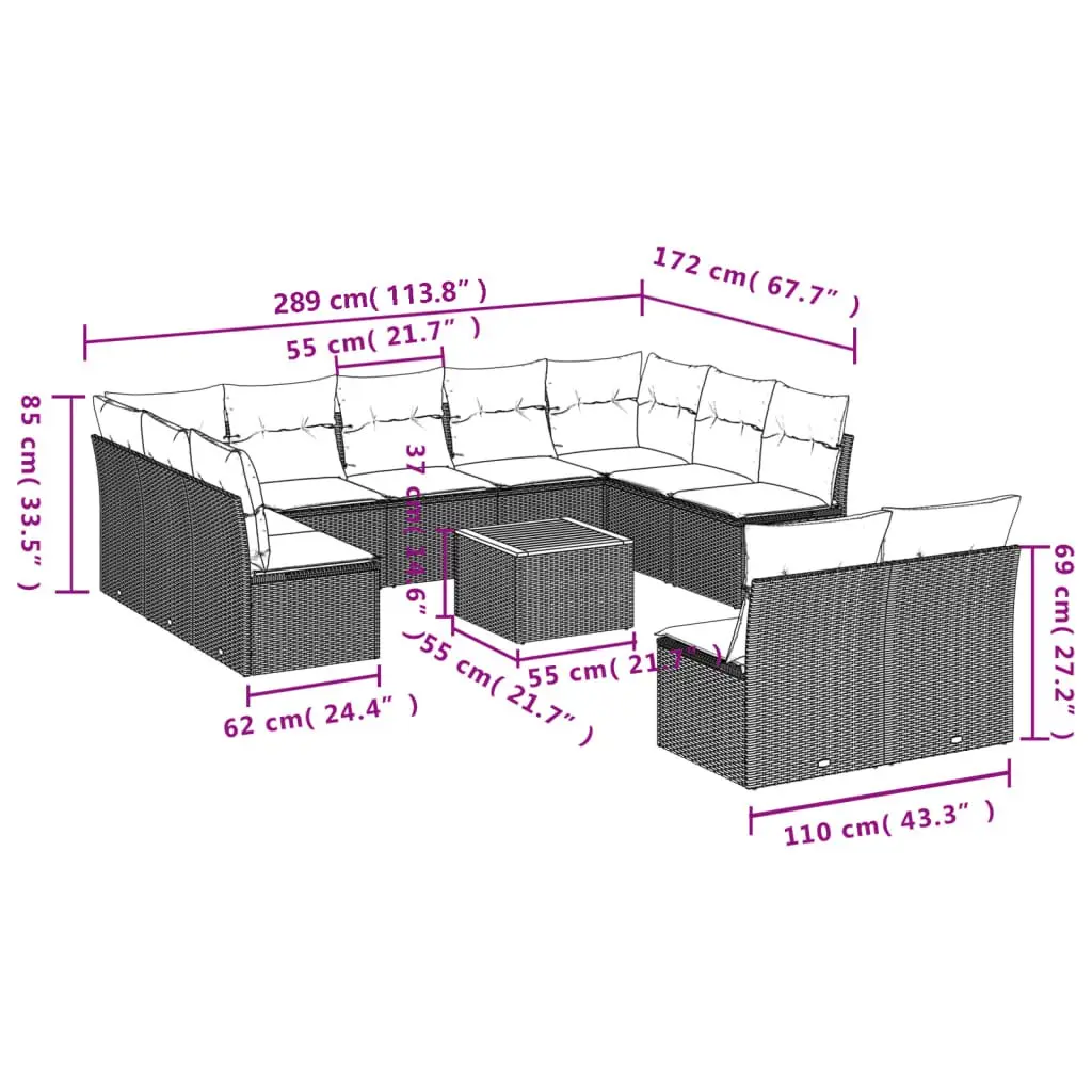 Garden Sofa Set PE Rattan 12 Piece Grey Outdoor Furniture Patio Sectional