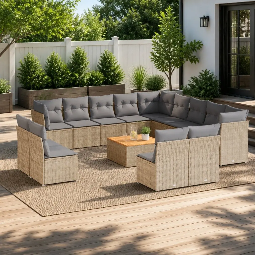 Garden Sofa Set PE Rattan 14 Piece Beige Outdoor Furniture Patio Lounge
