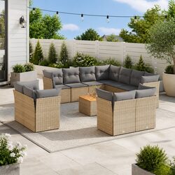 Beige 12-Piece Outdoor Garden Sofa Set with Acacia Table