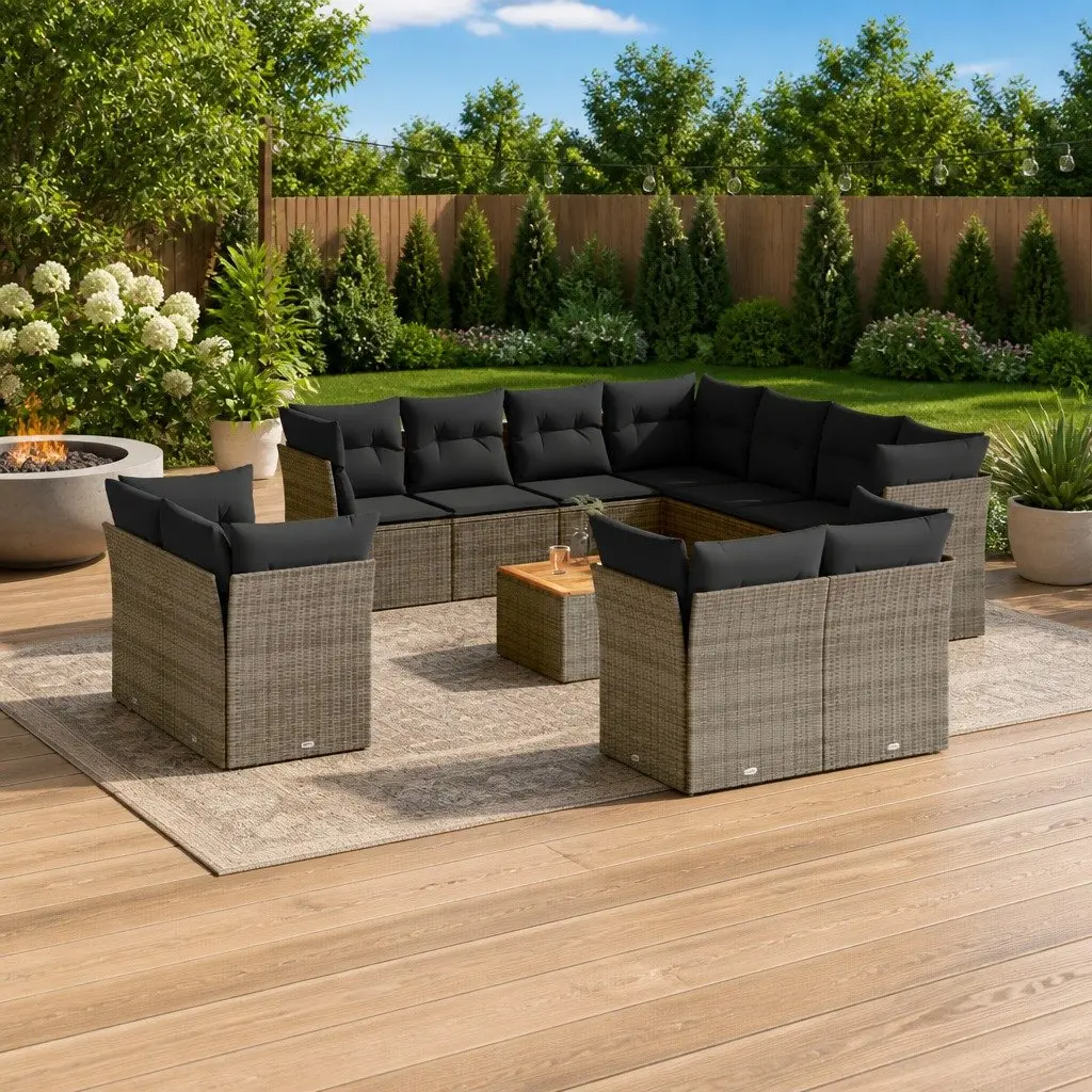 12-Piece Grey Poly Rattan Garden Sofa Set