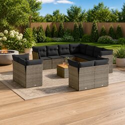 Durable 12-Piece Grey Poly Rattan Garden Sofa Set