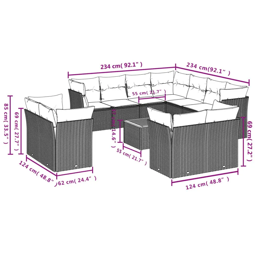 12-Piece Grey Poly Rattan Garden Sofa Set